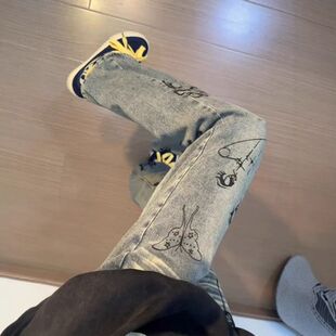 直筒长裤 裤 闪电涂鸦水洗微喇 牛仔裤 纹vibe修身 子弯刀男款 高街美式