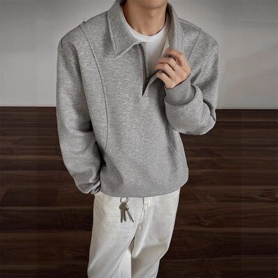 正肩风宽松长袖olo领翻领套头衫上衣老钱p卫衣灰色男女拉链秋季半