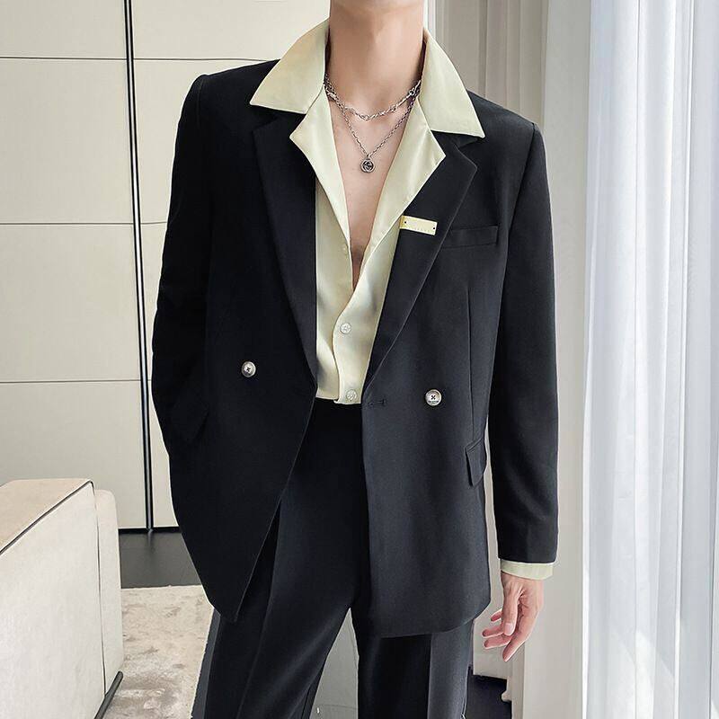 男士西服轻熟帅气纯色时尚休闲上衣西服套装韩版宽松青年潮微新款