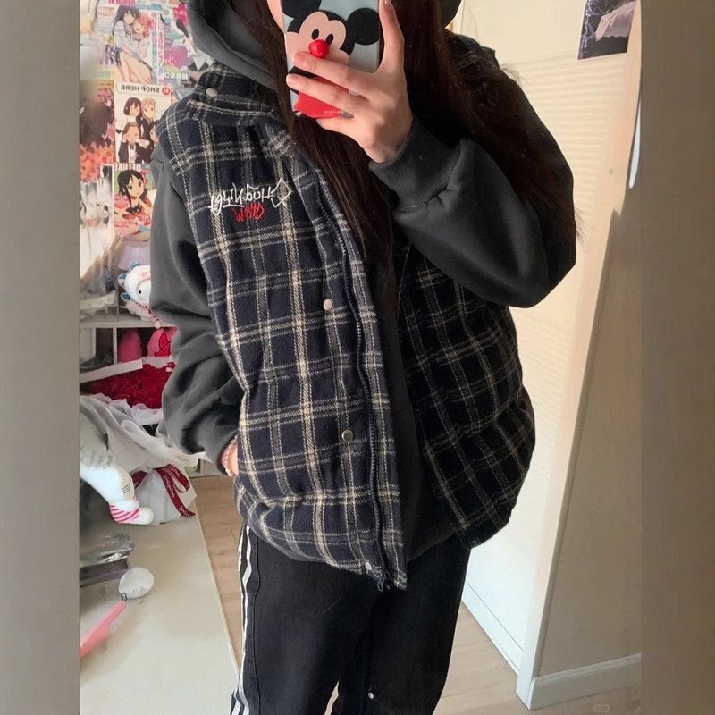 坎肩穿美式立领男款叠格纹背心新款秋冬棉服保暖复古外套马甲宽松