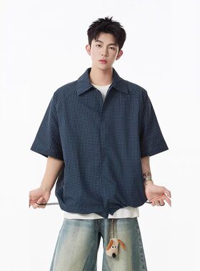 皇室t恤c宽系男女lemiu格子立体短收褶蓝抽绳anfit短袖衬衫美式