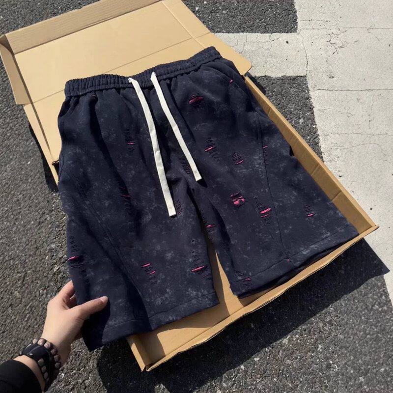 五分裤男款短裤运动裤美式子直筒青少年复古斜切宽松外穿破洞夏季