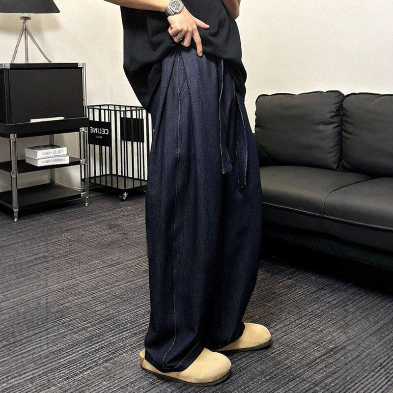 色夏季牛仔裤anfit显瘦男款le丹宁弯刀复古阔腿裤c美式藏青直筒裤