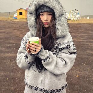 风双毛衣外套针织上衣拉链宽松费尔岛男女慵懒毛领开衫美式秋冬季