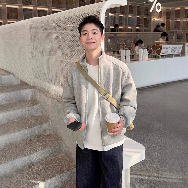 canfit花复古灰色夹克开衫卫衣外套男重磅秋冬le短款美式立领款