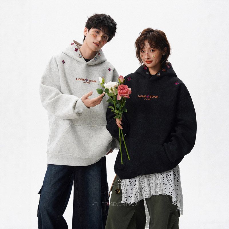 潮牌设计感美式连帽外套男女刺绣冬季高街款加绒卫衣情侣vintage