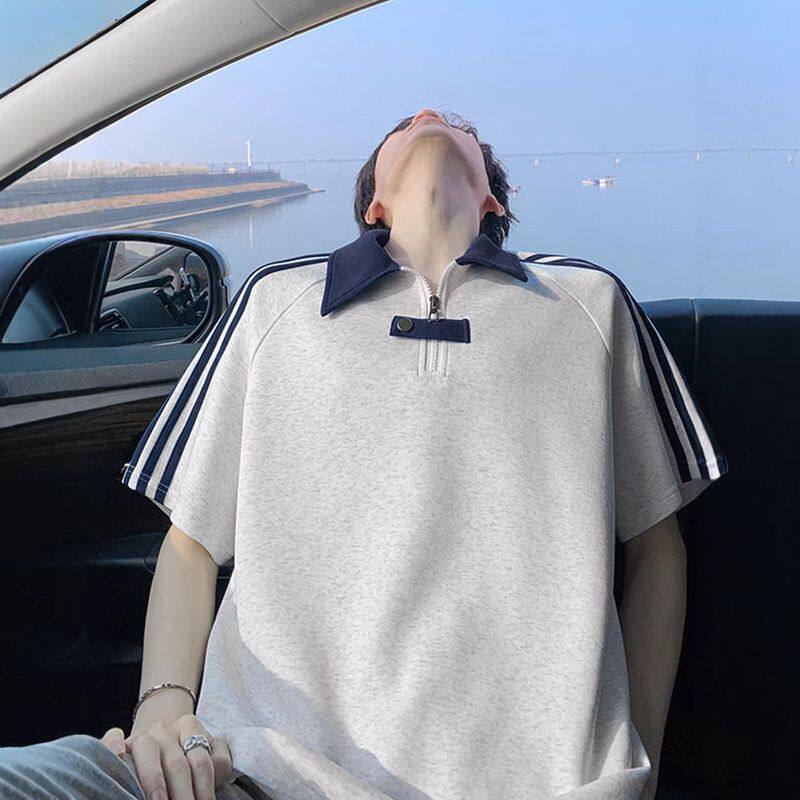 男款条纹短袖T恤学院风潮流半袖夏季美式痞帅衫p翻领百搭衣服olo