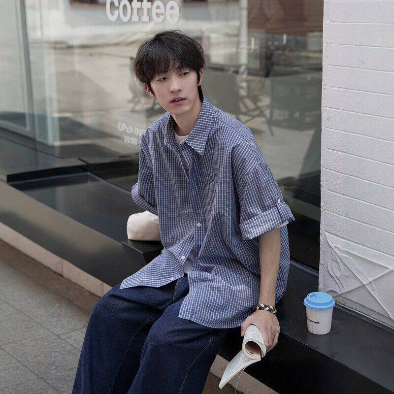 透气百搭美式格纹上衣宽松情侣衬衣休闲短袖衬衫男夏季高级感痞帅