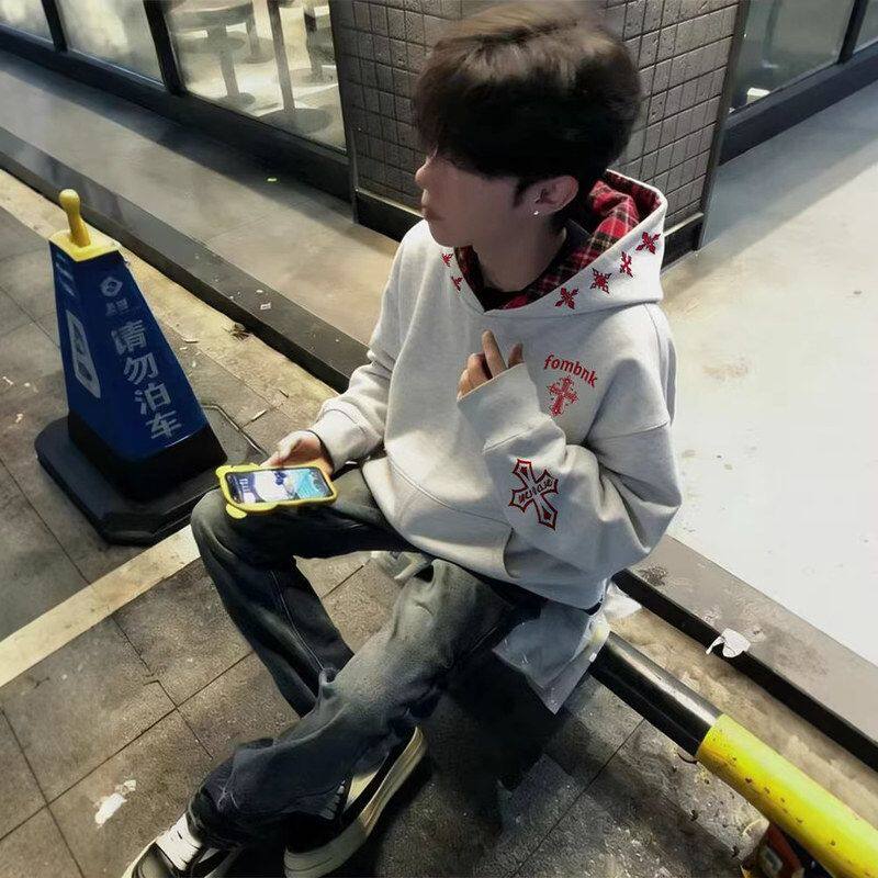 重磅外套卫衣男款美式十字架厂家直供刺绣连帽拼接格子帽衫春秋季