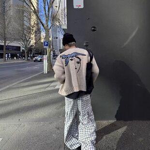 针织休闲慵懒开衫毛衣外套美式复古秋冬圆领油画百搭男纽扣和平鸽