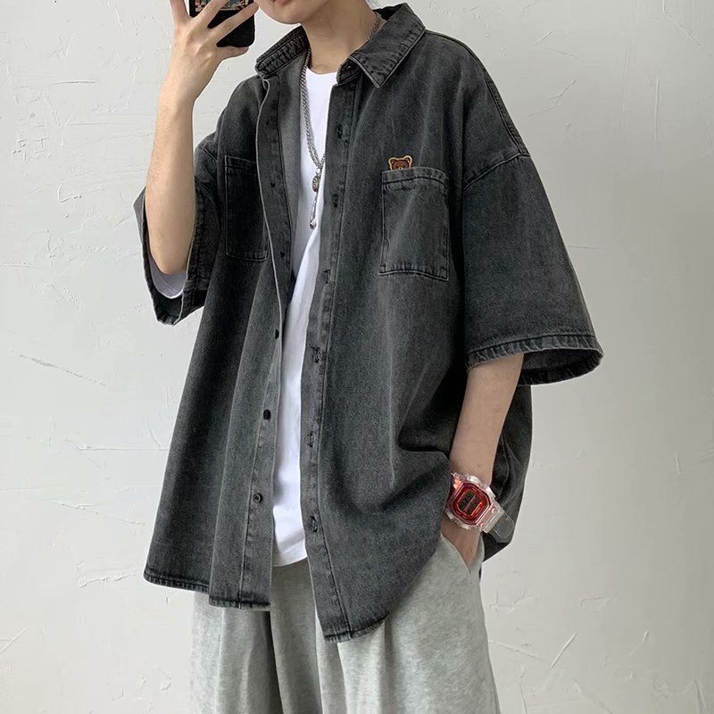 衬衫牛仔休闲设计感短袖ins半袖夏季男潮牌外套小众港风日系宽松