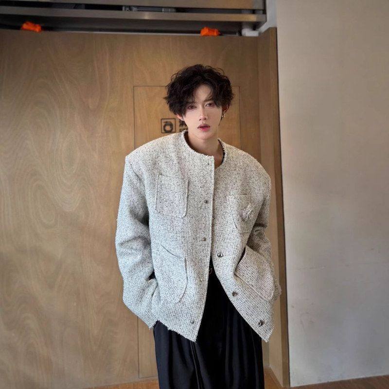 外套男模毛呢无领穿秋冬款韩系风垫肩搭设计感高级小夹克痞帅香风