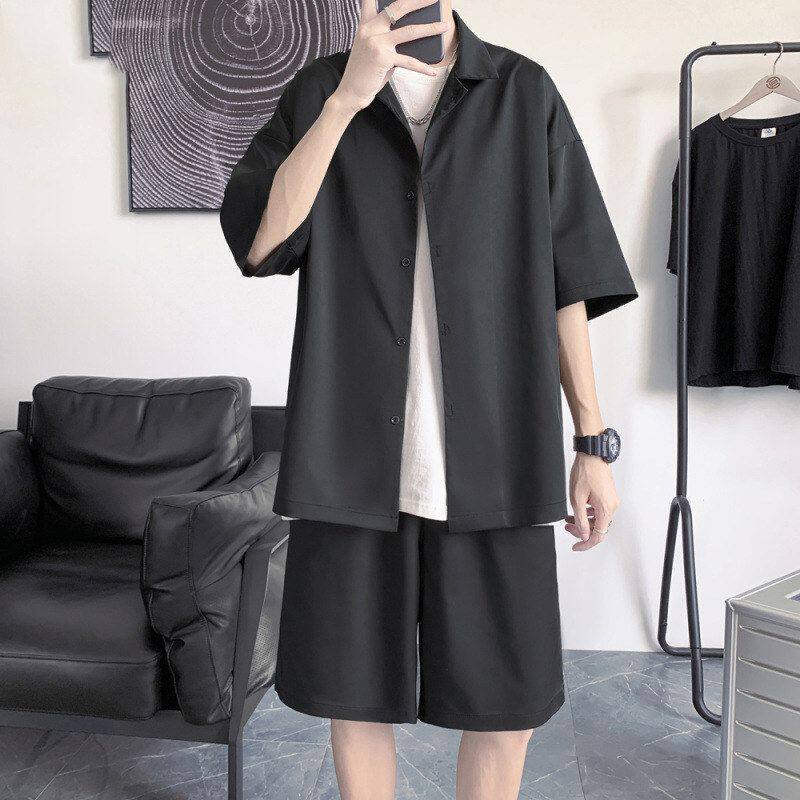 两件套男士宽松短裤运动服大码痞帅夏季潮牌套装休闲ins冰丝短袖