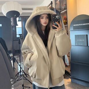 棉衣加绒座山雕连帽冬季夹克美式皮衣毛领保暖加厚女款外套棉服男