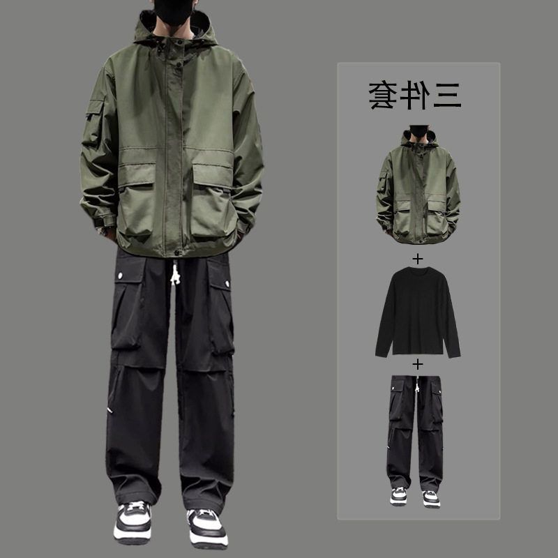 休闲运动套装男士春秋季时尚宽松户外工装春秋季冲锋衣男装一整套