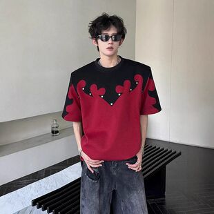 半截袖男t恤黑红美式垫肩高级感短袖撞夏季痞帅色拼接设计感重磅