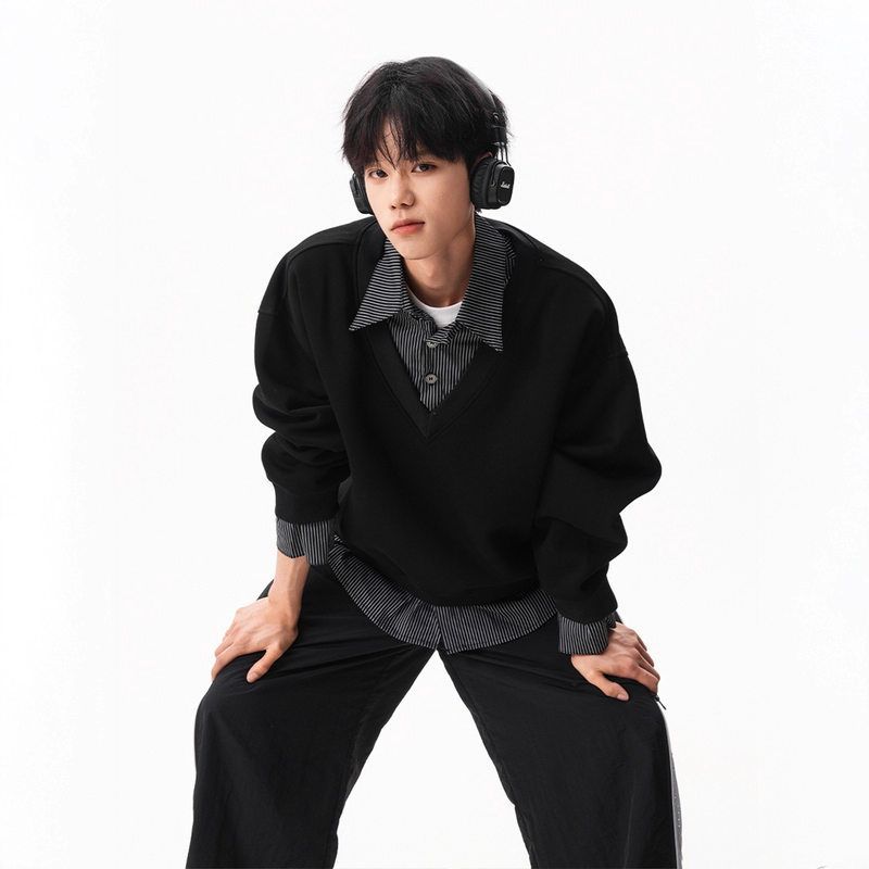 长袖外套假两件OLO色拼接miu男休闲撞秋季宽松情侣高智感P卫衣系