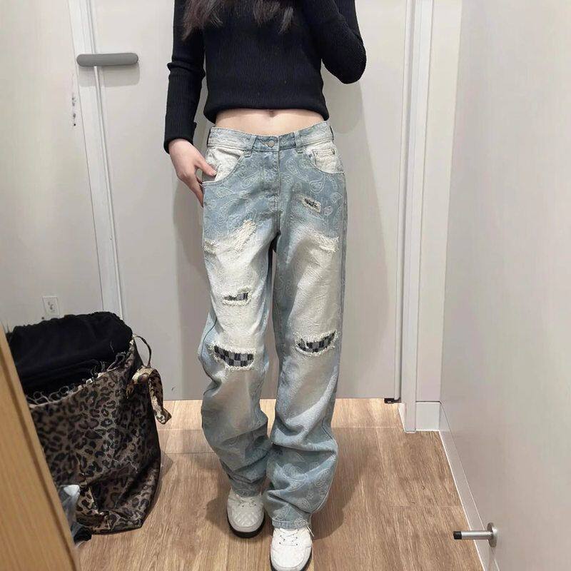 le腰果花版满印痞帅anfit男直筒裤补丁炸街裤子破洞牛仔裤c潮牌窄