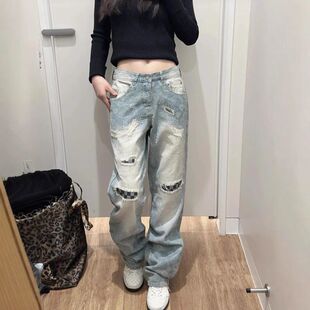 le腰果花版满印痞帅anfit男直筒裤补丁炸街裤子破洞牛仔裤c潮牌窄