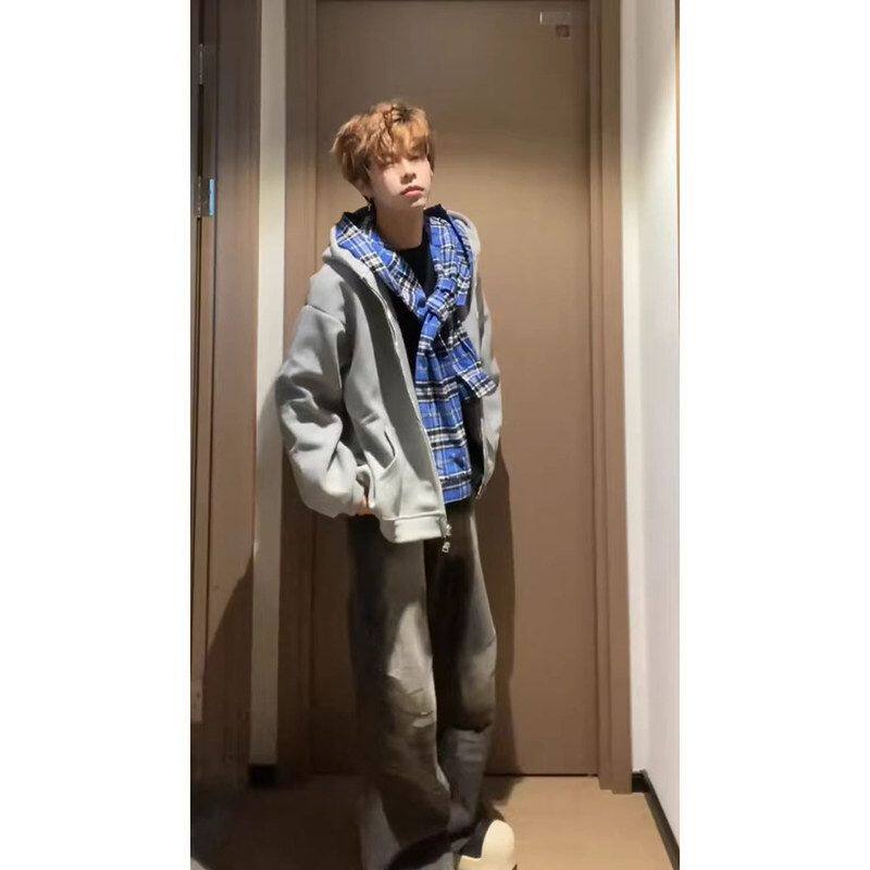 开衫外套连帽卫衣格子男款假两件痞帅高街美式高级感潮牌春秋重磅