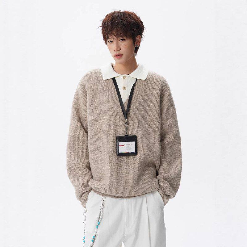 假两件加厚宽松男生高级感衬衫领撞色毛衣保暖大码休闲冬季针织衫