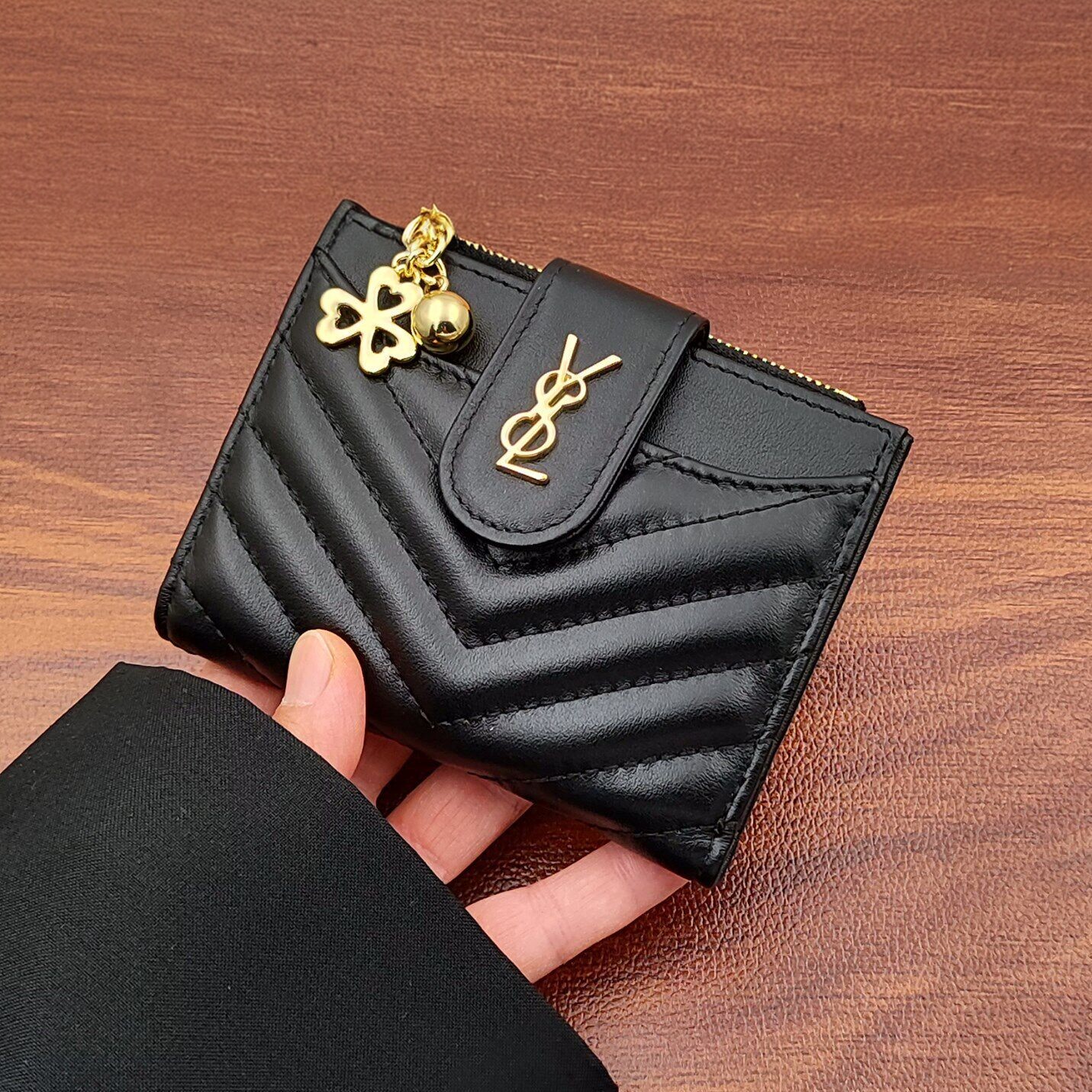 真皮新款杨树林钱包女短款黑色高级感多功能拉链多卡位包精致简约