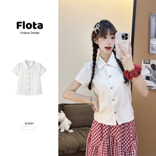 flota 蕾丝拼接单排扣Polo领衬衫 法式 白色上衣女1279 短袖 夏季