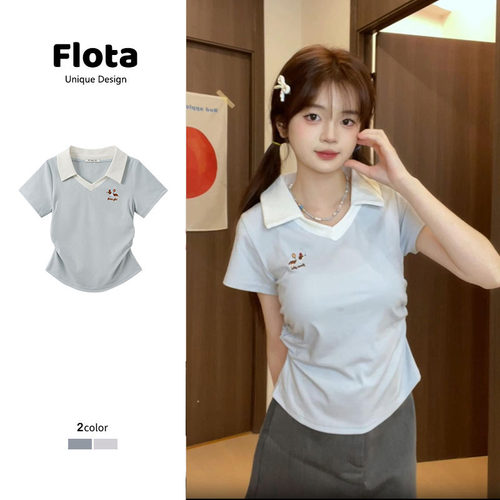 【flota】拼色POLO刺绣短款女字母短袖T恤修身夏装韩版休闲2474