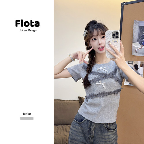【flota】韩版ins风立体蝴蝶结花边拼接短袖夏季显瘦正肩上衣1702
