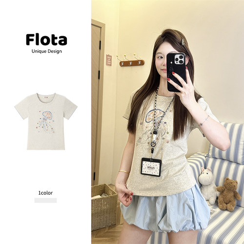 【flota】韩版休闲涂鸦水母印花正肩圆领短袖夏季显瘦上衣女1681