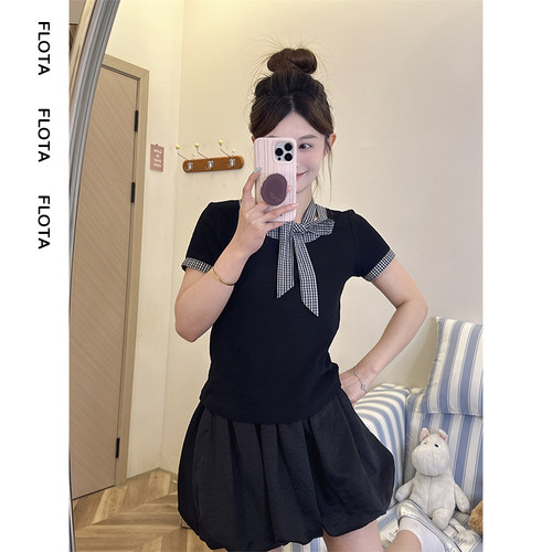 【flota】格纹绑带蝴蝶结拼接短袖夏季小香风显瘦短款上衣女1705