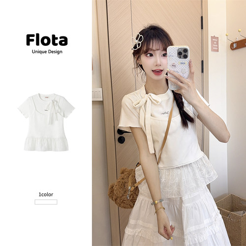 【flota】少女风蕾丝拼接绑带蝴蝶结短袖夏季白色假两件上衣1261