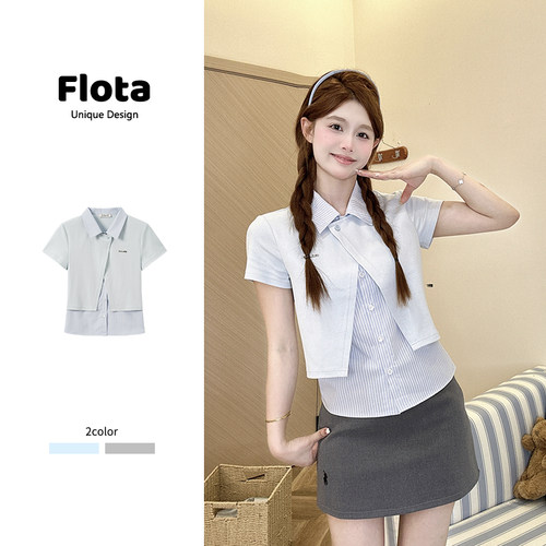 【flota】条纹衬衫假两件拼接翻领短袖女夏季设计感小众上衣2429