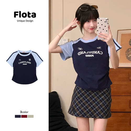 【flota】字母印花短袖T恤女显瘦插肩撞色圆领欧美修身上衣0846