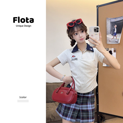 【flota】美式复古刺绣撞色Polo领短袖夏季休闲百搭短款上衣1324