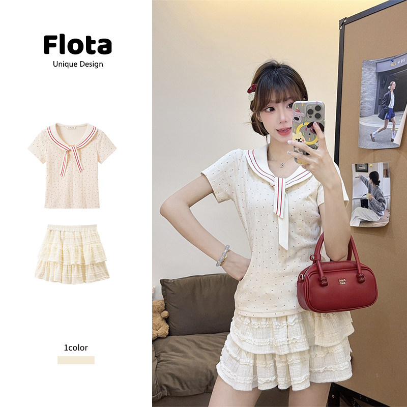 【flota】杏色爱心印花绑带海军领短袖女夏季甜妹显瘦短上衣2193