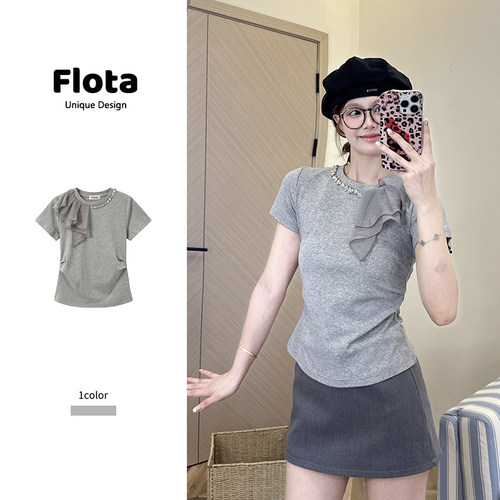 【flota】重工镶钻网纱拼接正肩短袖T恤夏季褶皱显瘦短款上衣1878
