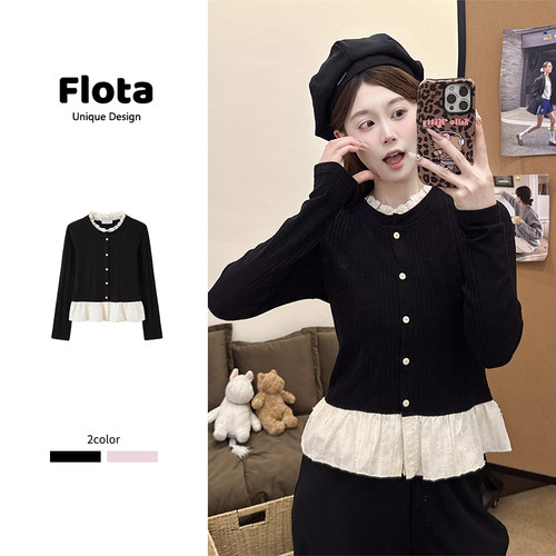 【flota】法式花边拼接长袖针织衫秋季修身显瘦内搭打底上衣2429