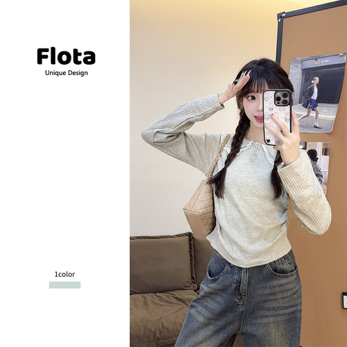 【flota】蕾丝花边娃娃领正肩针织长袖甜美少女修身显瘦上衣2208