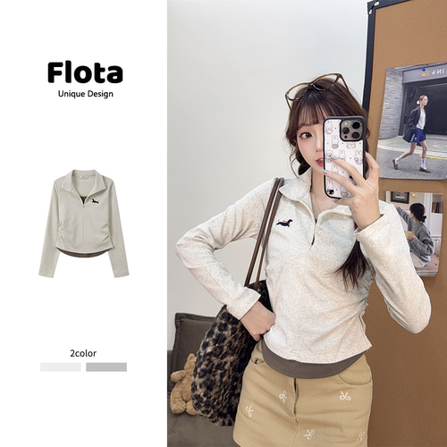 【flota】韩系休闲假两件半拉链翻领短款长袖T恤修身显瘦上衣2609