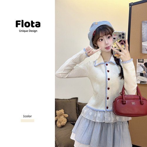 【flota】小香风蕾丝拼接贝壳绣翻领针织衫爱心纽扣长袖上衣2392