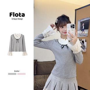 长袖 设计感花边拼接假两件喇叭袖 甜美温柔打底上衣2504 flota