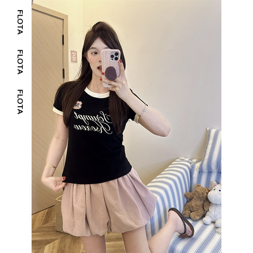 【flota】美式复古字母印花拼色圆领短袖女夏季短款正肩上衣1756