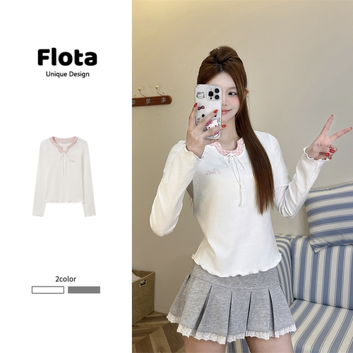 【flota】格纹拼接绑带蝴蝶结正肩长袖字母刺绣短款卷边上衣2605