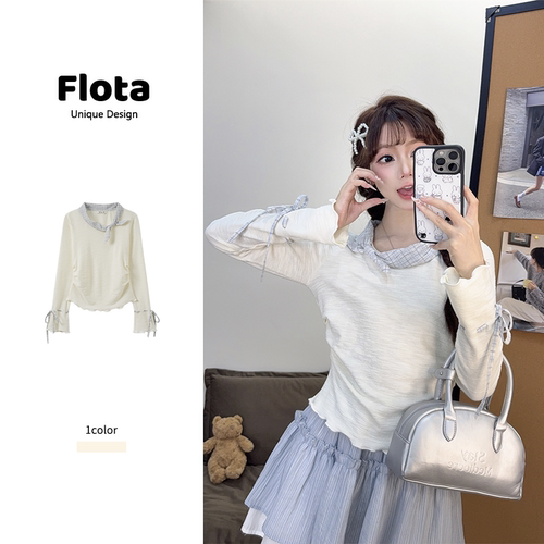 【flota】氛围感格纹蝴蝶结木耳边长袖秋季内搭打底衫上衣女2639