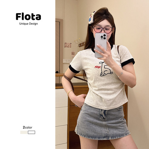 【flota】刺绣卡通小狗拼色圆领短袖t恤夏季新款百搭修身上衣1375