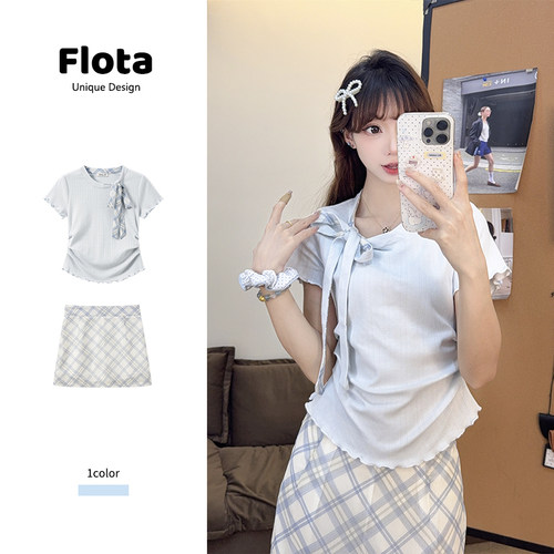 【flota】小清新格纹绑带蝴蝶结收腰短袖T恤夏季木耳卷边上衣2302