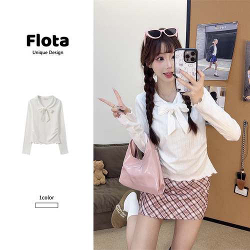 【flota】纯欲风娃娃领蝴蝶结木耳边长袖T恤修身内搭短款上衣2762