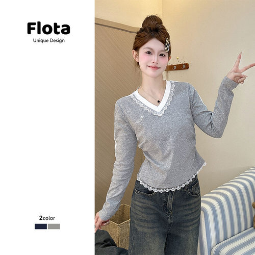 【flota】蕾丝V领假两件打底衫女2025掐腰显瘦正肩长袖上衣2925
