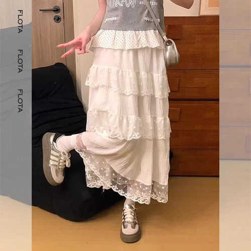【flota】白色设计感蕾丝花边半身裙女小个子高腰大摆裙A字0088